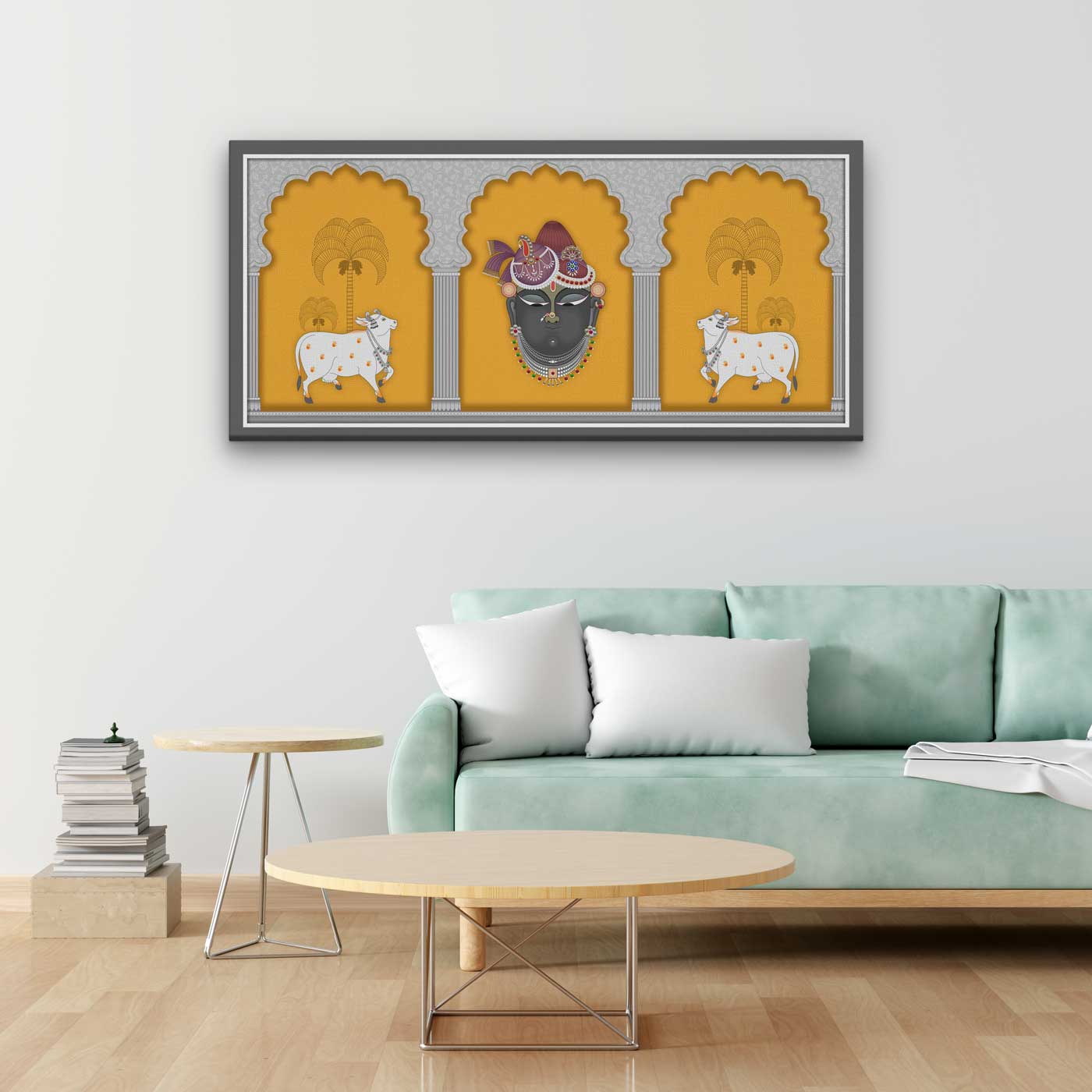 A Beautiful Shreenathji Pichwai Artwork with White Cow for Temple Room Painting 2 : 1 Horizontal Premium Wall Art Canvas by MeriDeewar