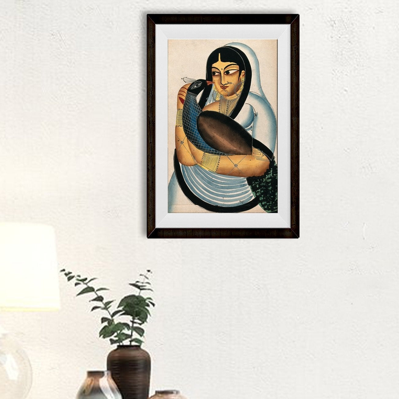 A-courtesan-carrying-a-peacock Painting-Meri Deewar 2 : 3 Vertical Premium Wall Art Canvas by MeriDeewar