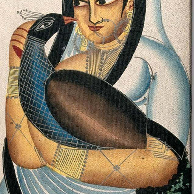 A-courtesan-carrying-a-peacock Painting-Meri Deewar 2 : 3 Vertical Premium Wall Art Canvas by MeriDeewar