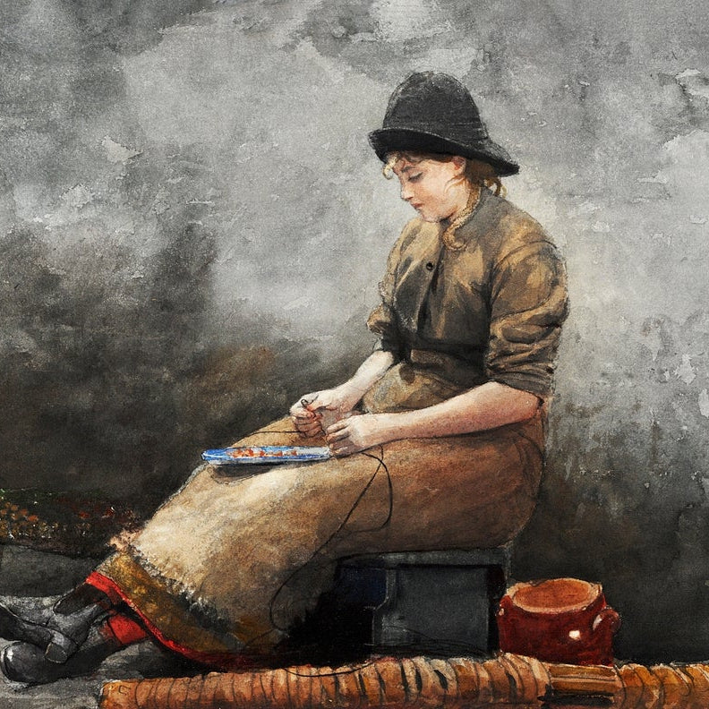 A Fishergirl Baiting Lines painting - Meri Deewar 3 : 2 Horizontal Premium Wall Art Canvas by MeriDeewar