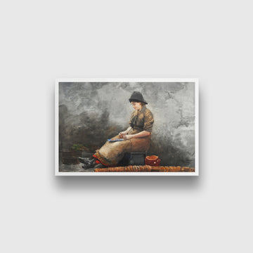 A Fishergirl Baiting Lines painting - Meri Deewar 3 : 2 Horizontal Premium Wall Art Canvas by MeriDeewar