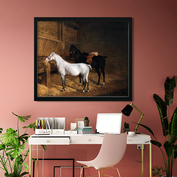 A Grey Pony and a Black Charger in a Stable Painting 6 : 5 Horizontal Premium Wall Art Canvas by MeriDeewar