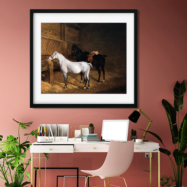 A Grey Pony and a Black Charger in a Stable Painting 6 : 5 Horizontal Premium Wall Art Canvas by MeriDeewar