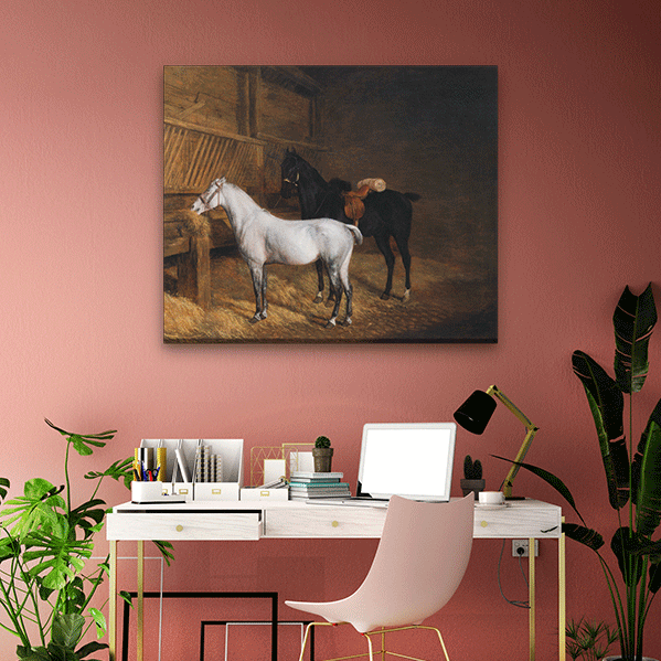 A Grey Pony and a Black Charger in a Stable Painting 6 : 5 Horizontal Premium Wall Art Canvas by MeriDeewar