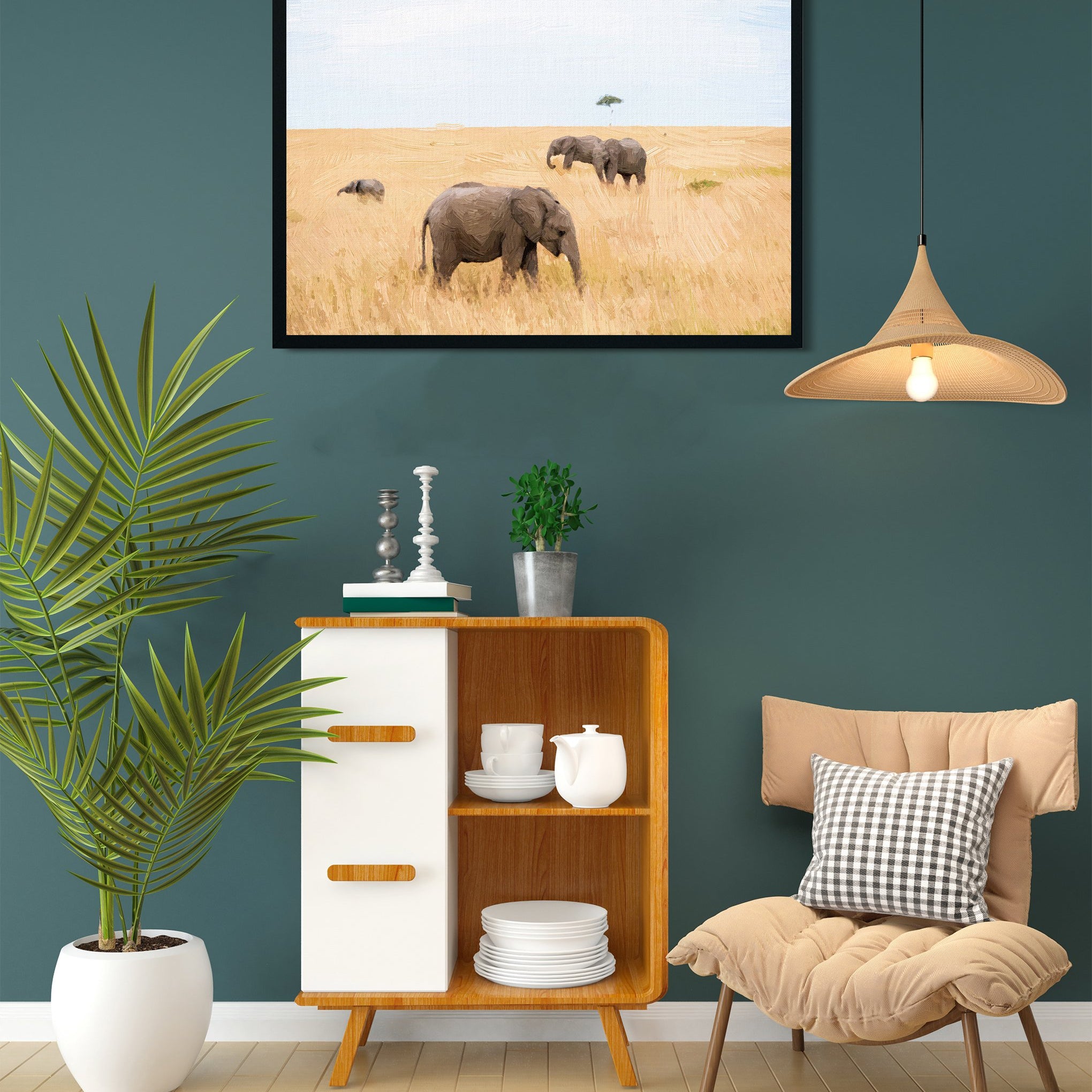 A herd of walking elephants in the Kruger national park painting - Meri Deewar 3 : 2 Horizontal Premium Wall Art Canvas by MeriDeewar