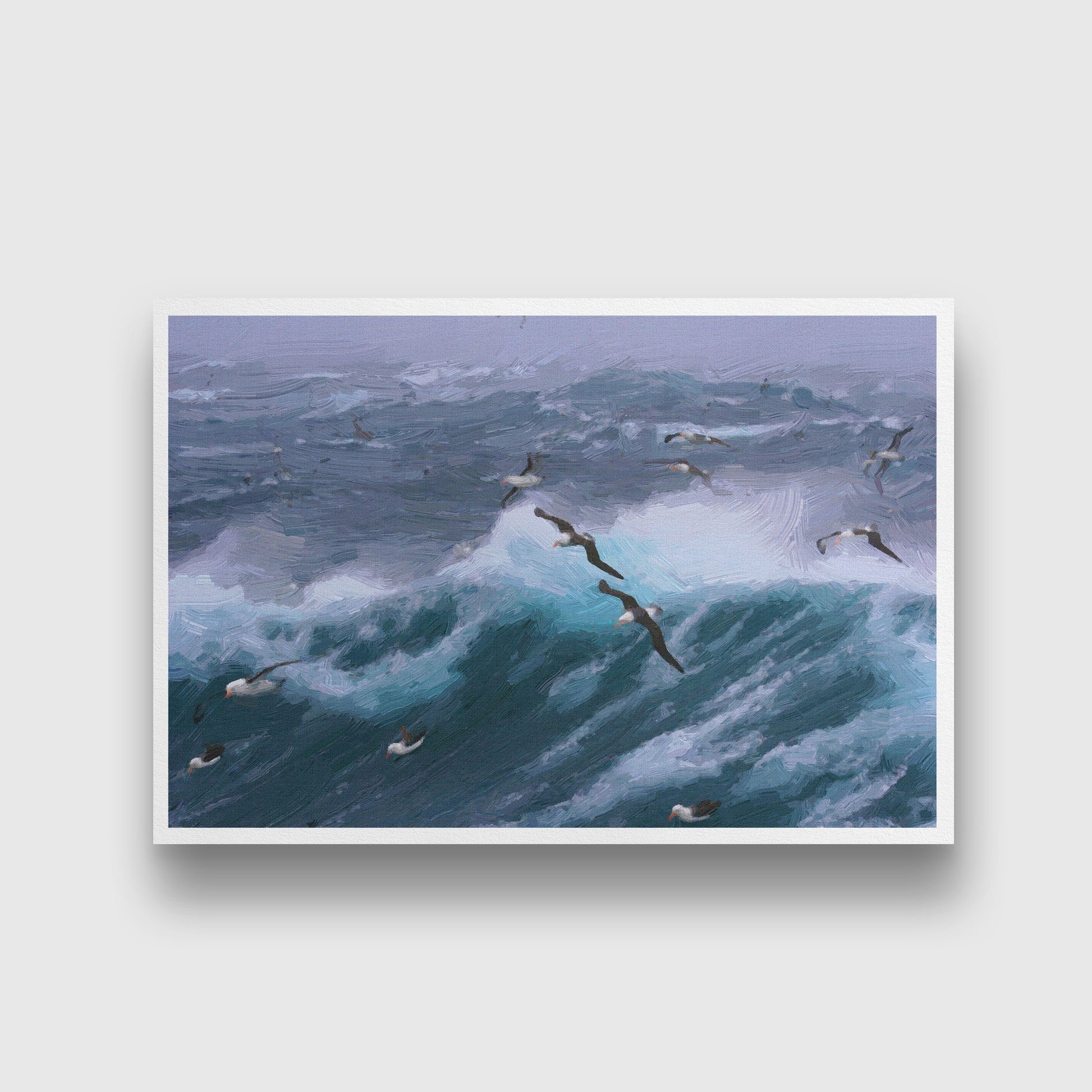 A Small Flock of Birds Flying Over the Ocean painting - Meri Deewar 3 : 2 Horizontal Premium Wall Art Canvas by MeriDeewar