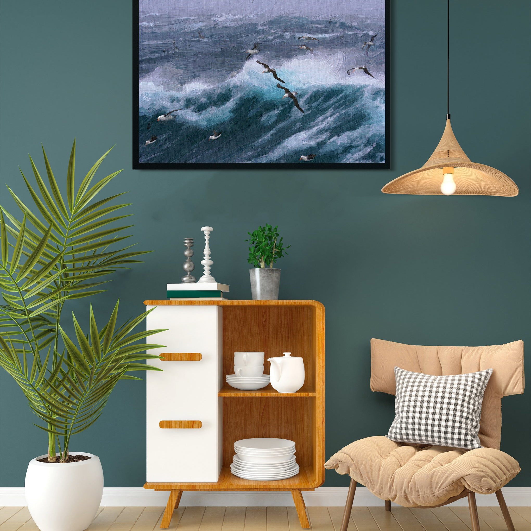 A Small Flock of Birds Flying Over the Ocean painting - Meri Deewar 3 : 2 Horizontal Premium Wall Art Canvas by MeriDeewar