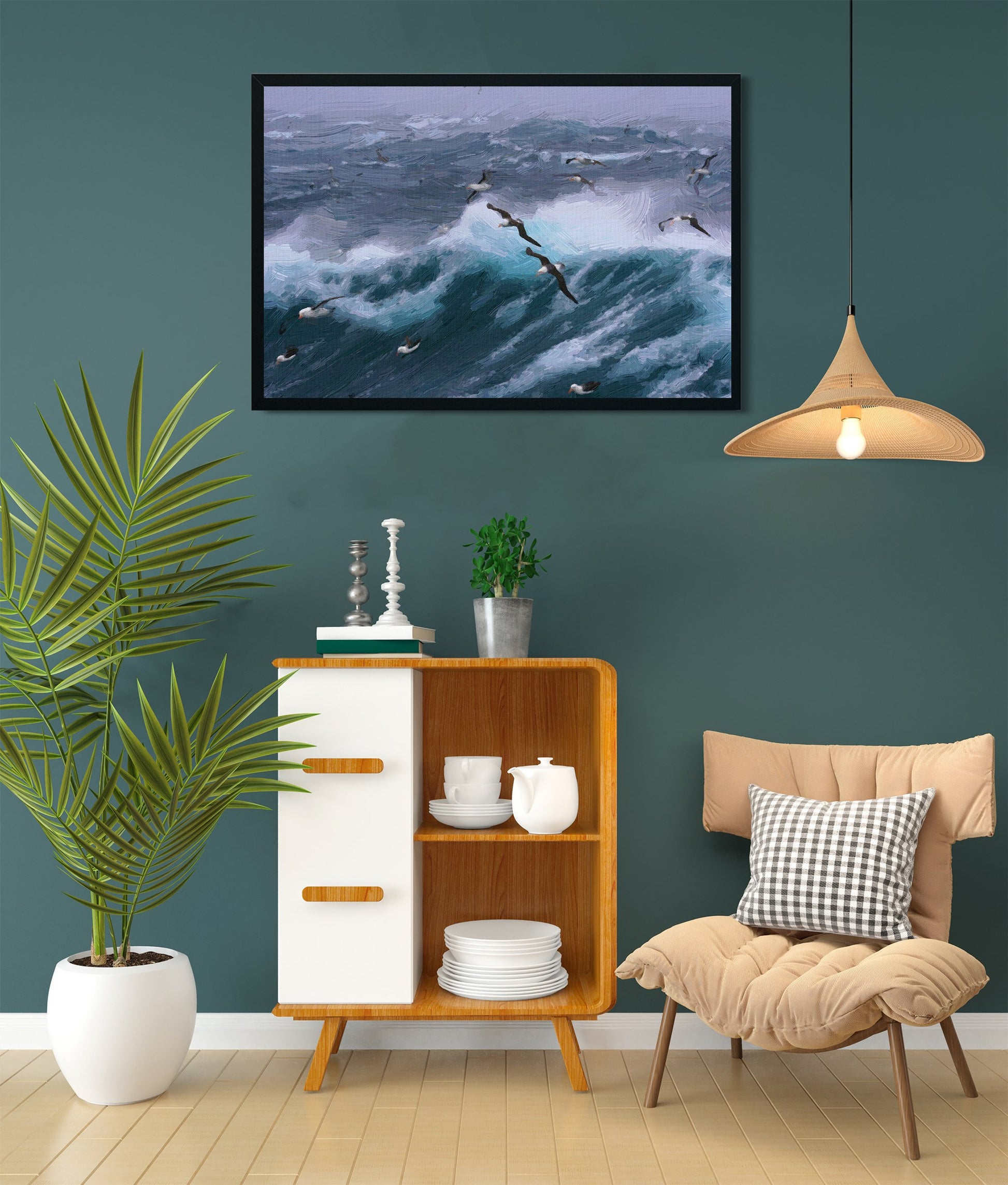 A Small Flock of Birds Flying Over the Ocean painting - Meri Deewar 3 : 2 Horizontal Premium Wall Art Canvas by MeriDeewar