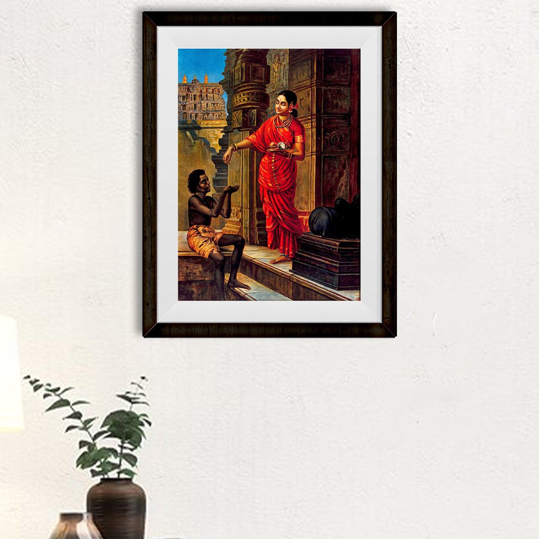 A woman giving alms to a beggar outside a temple to Lord Shiva Painting - Meri Deewar 4 X 5.5 Vertical Premium Wall Art Canvas by MeriDeewar