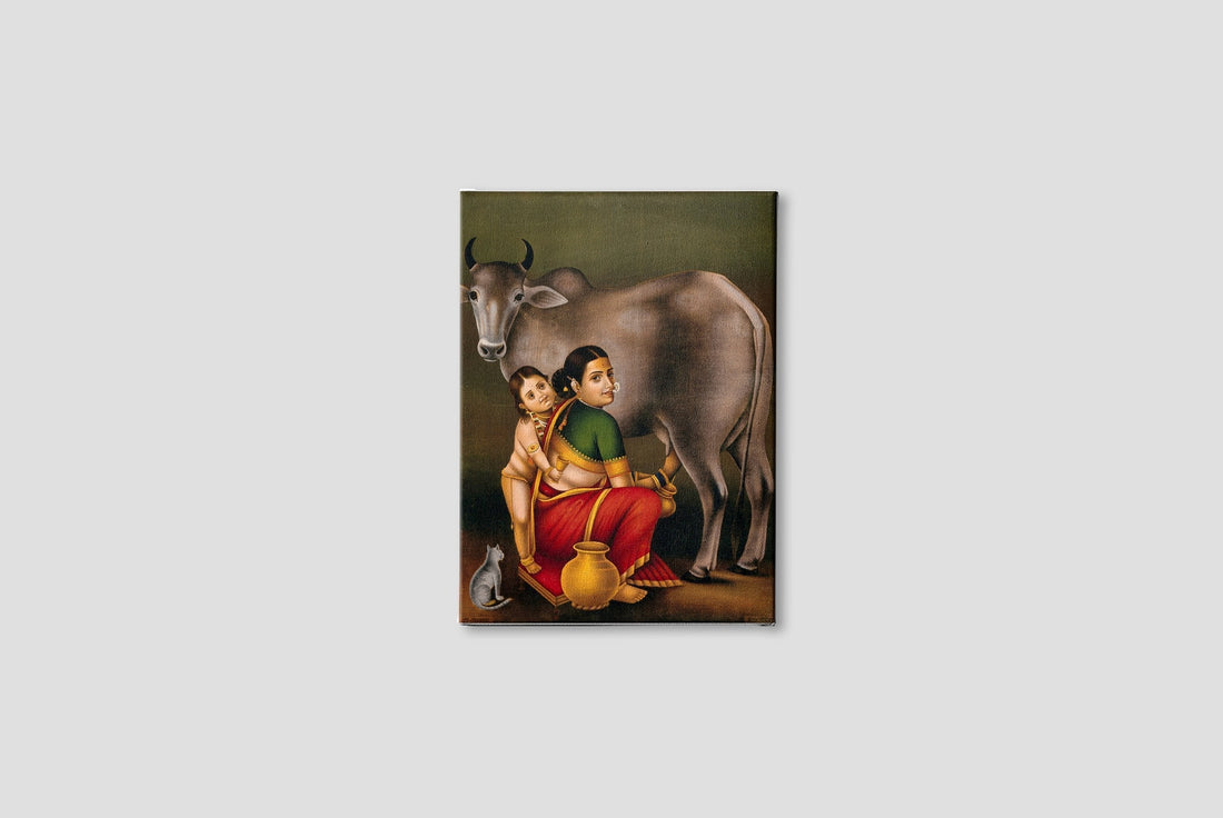 A woman milking a cow with a child Painting-Meri Deewar 2 : 3 Vertical Premium Wall Art Canvas by MeriDeewar