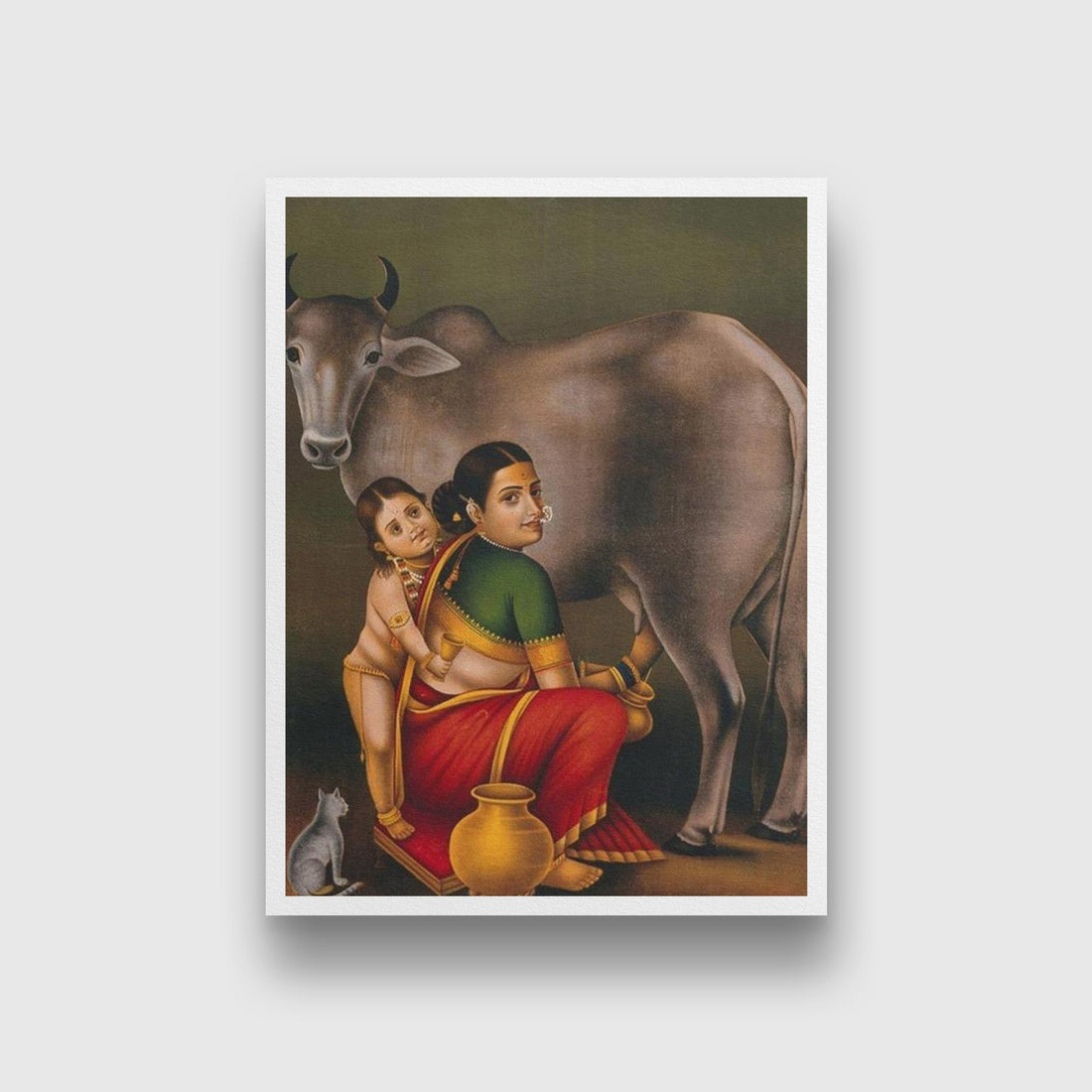 A woman milking a cow with a child Painting-Meri Deewar 2 : 3 Vertical Premium Wall Art Canvas by MeriDeewar