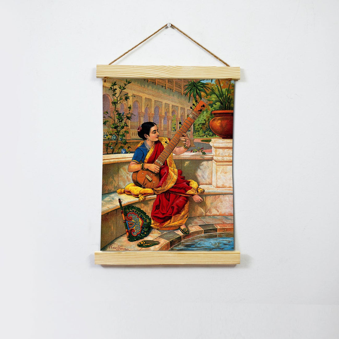 A Woman Playing Sitar Hanging Canvas Painting - Meri Deewar Hanging Canvas Premium Wall Art Canvas by MeriDeewar