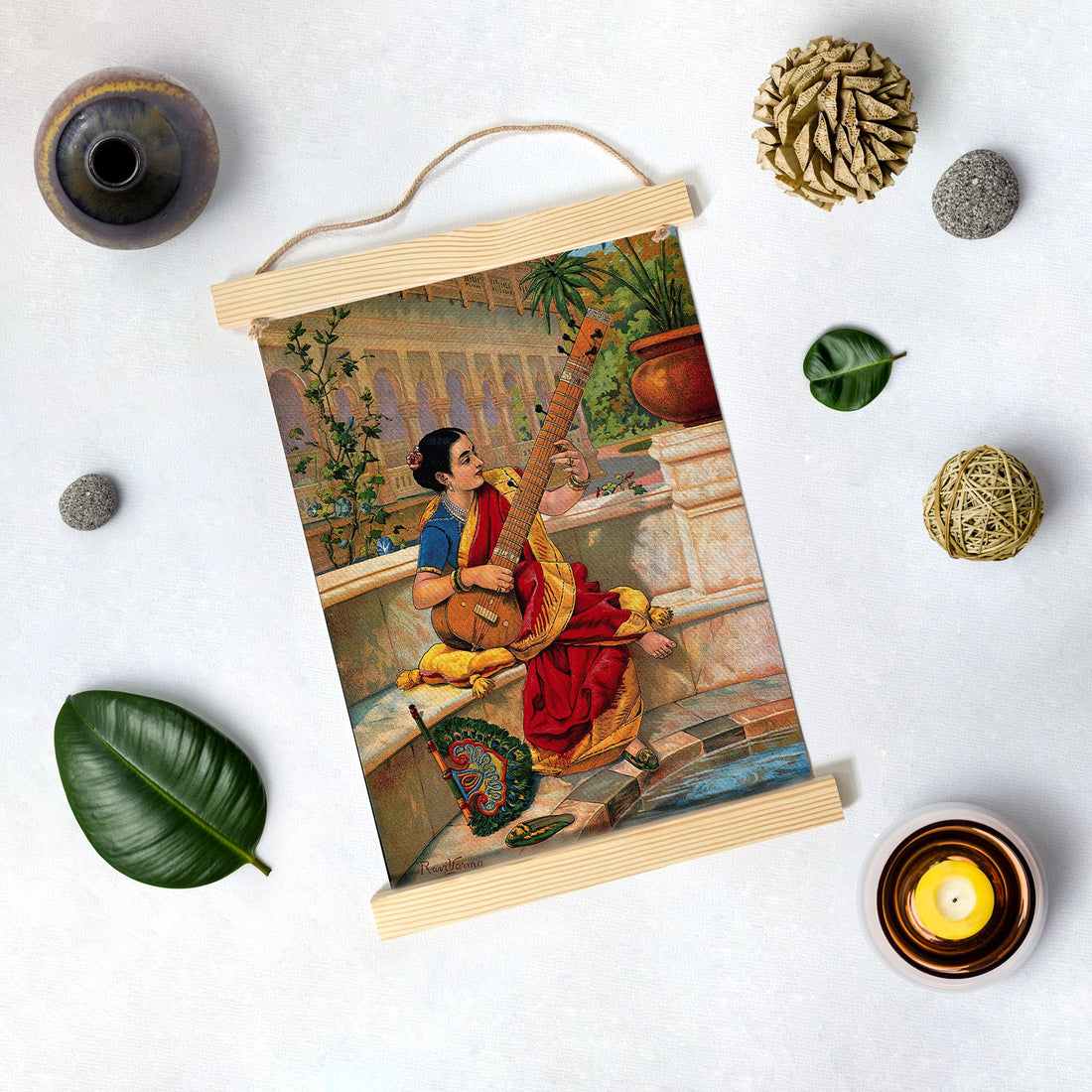 A Woman Playing Sitar Hanging Canvas Painting - Meri Deewar Hanging Canvas Premium Wall Art Canvas by MeriDeewar