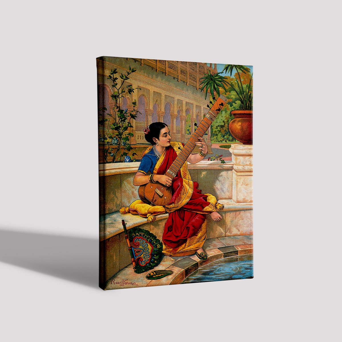 A Woman Playing Sitar Painting By Raja Ravi Varma Painting - Meri Deewar 3 : 4.2 Vertical Premium Wall Art Canvas by MeriDeewar