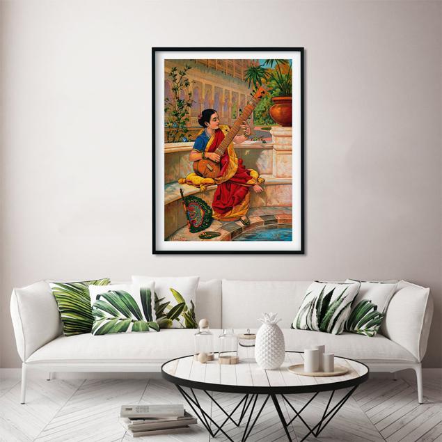 A Woman Playing Sitar Painting By Raja Ravi Varma Painting - Meri Deewar 3 : 4.2 Vertical Premium Wall Art Canvas by MeriDeewar