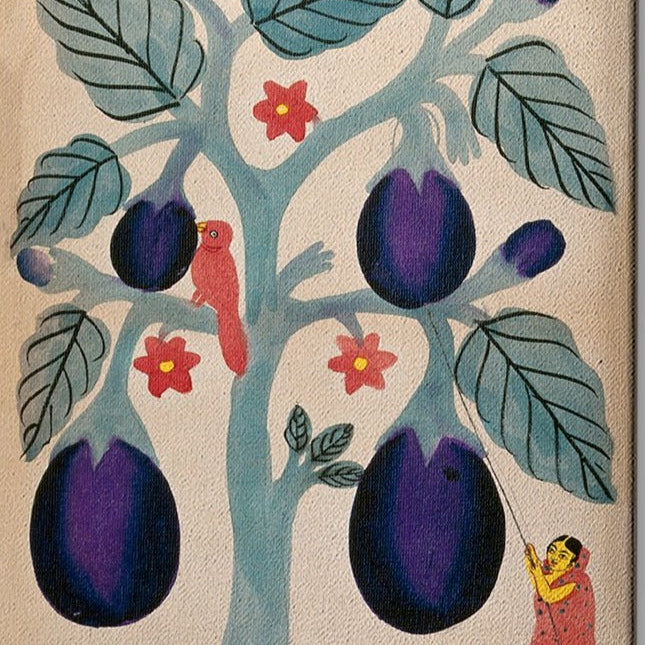 A-woman-pulling-giant-aubergines-from-a-tree Painting-Meri Deewar 2 : 3 Vertical Premium Wall Art Canvas by MeriDeewar