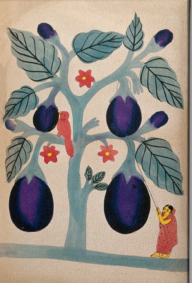 A-woman-pulling-giant-aubergines-from-a-tree Painting-Meri Deewar 2 : 3 Vertical Premium Wall Art Canvas by MeriDeewar