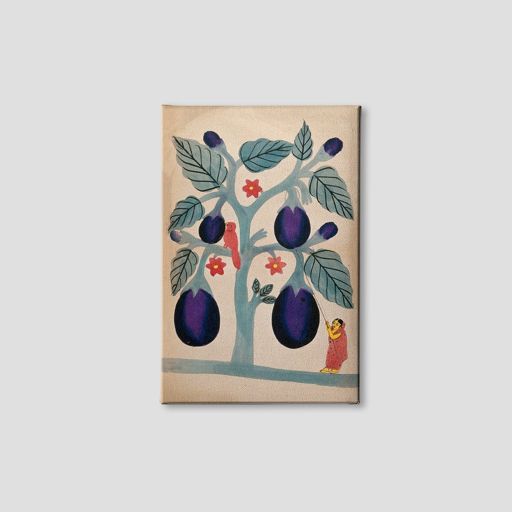 A-woman-pulling-giant-aubergines-from-a-tree Painting-Meri Deewar 2 : 3 Vertical Premium Wall Art Canvas by MeriDeewar