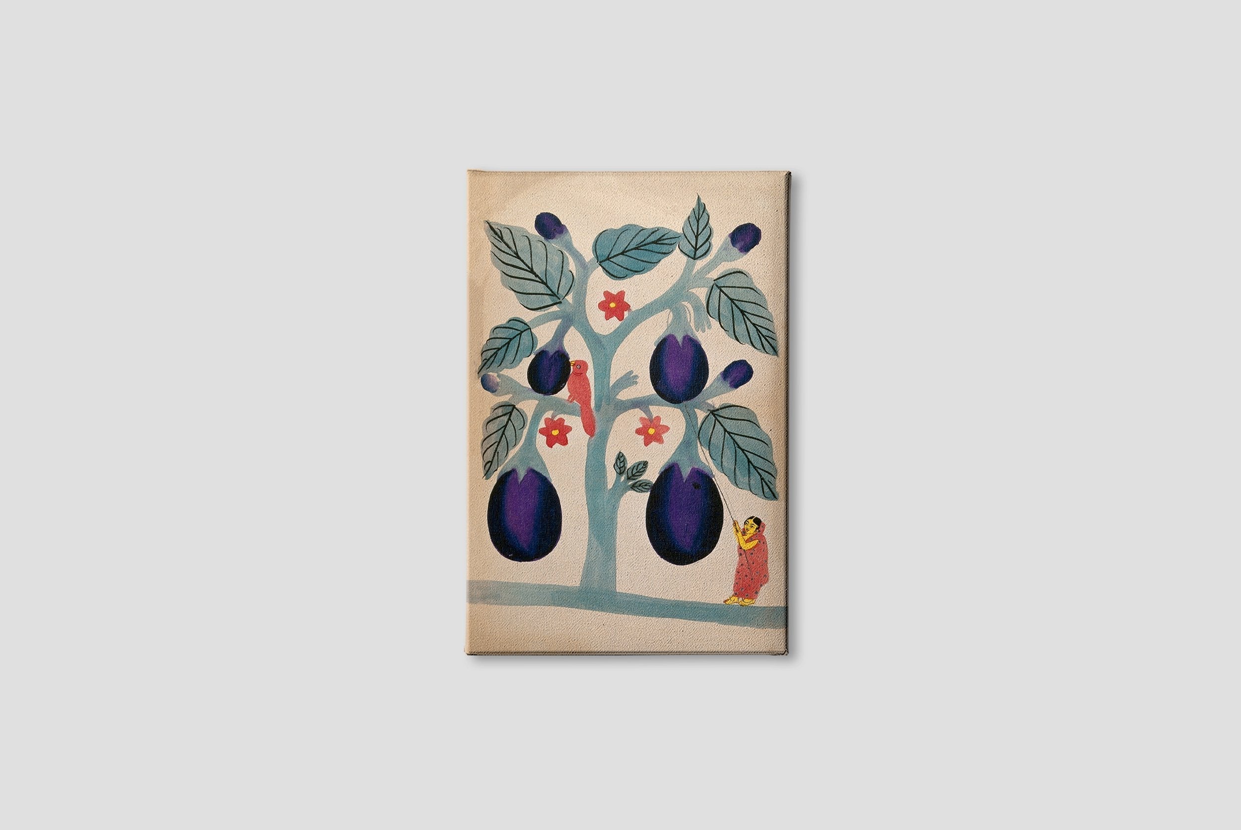 A-woman-pulling-giant-aubergines-from-a-tree Painting-Meri Deewar 2 : 3 Vertical Premium Wall Art Canvas by MeriDeewar