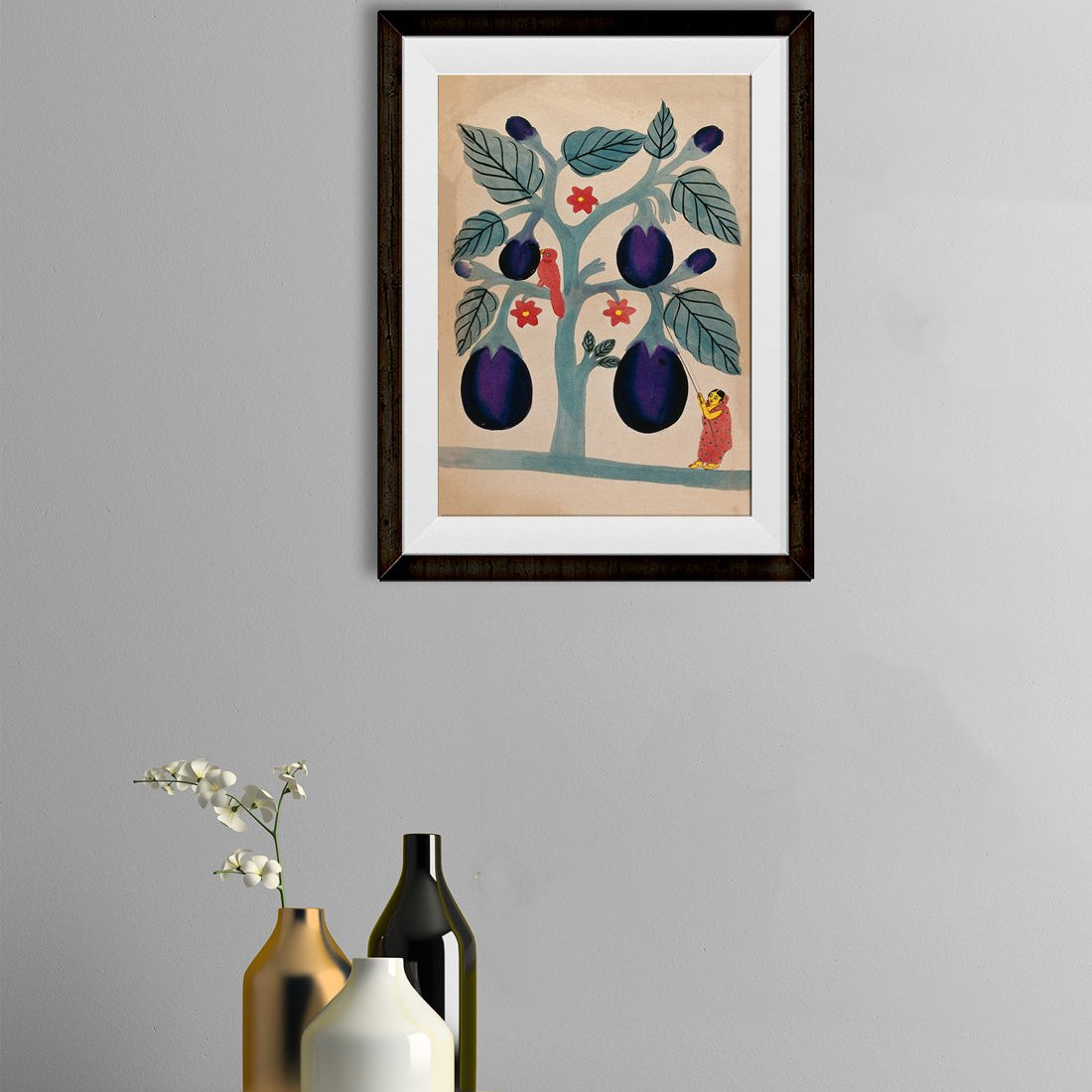 A-woman-pulling-giant-aubergines-from-a-tree Painting-Meri Deewar 2 : 3 Vertical Premium Wall Art Canvas by MeriDeewar