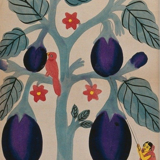 A-woman-pulling-giant-aubergines-from-a-tree Painting-Meri Deewar 2 : 3 Vertical Premium Wall Art Canvas by MeriDeewar