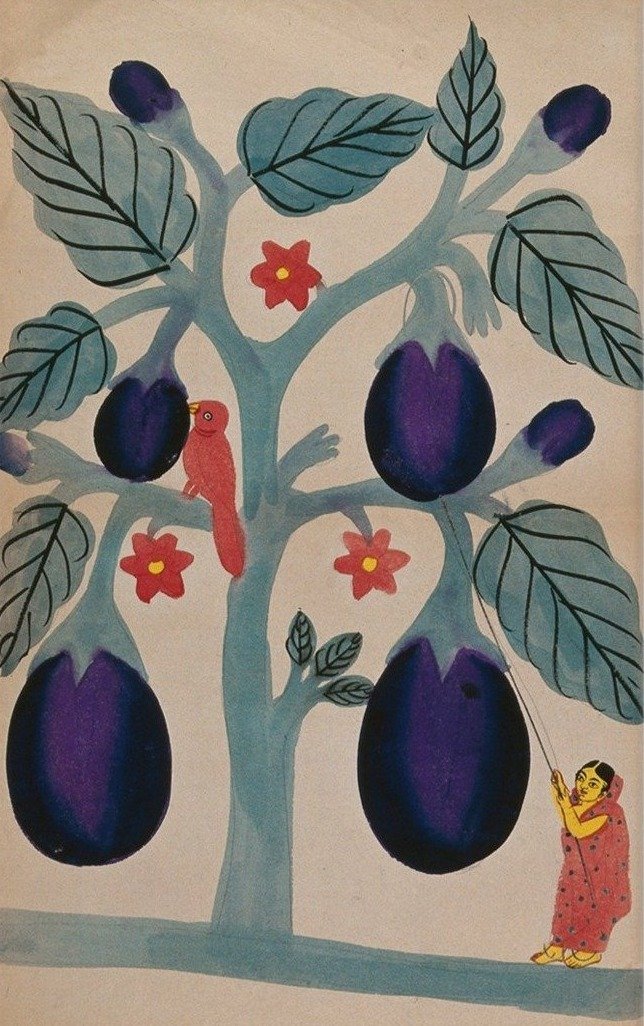 A-woman-pulling-giant-aubergines-from-a-tree Painting-Meri Deewar 2 : 3 Vertical Premium Wall Art Canvas by MeriDeewar