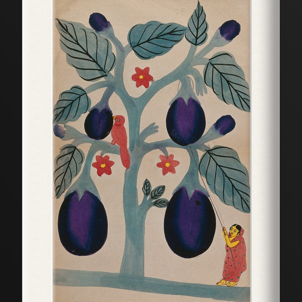 A-woman-pulling-giant-aubergines-from-a-tree Painting-Meri Deewar 2 : 3 Vertical Premium Wall Art Canvas by MeriDeewar