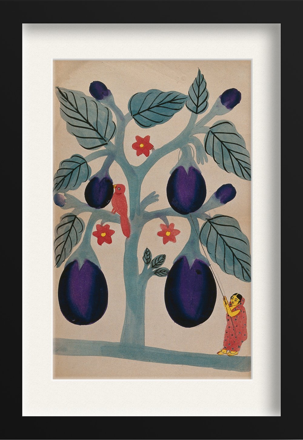 A-woman-pulling-giant-aubergines-from-a-tree Painting-Meri Deewar 2 : 3 Vertical Premium Wall Art Canvas by MeriDeewar