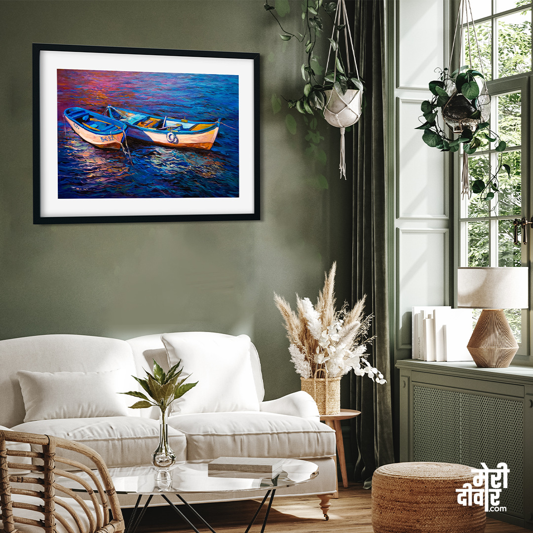 Abstract Design Boat in River Wall painting 4 : 3 Horizontal Premium Wall Art Canvas by MeriDeewar