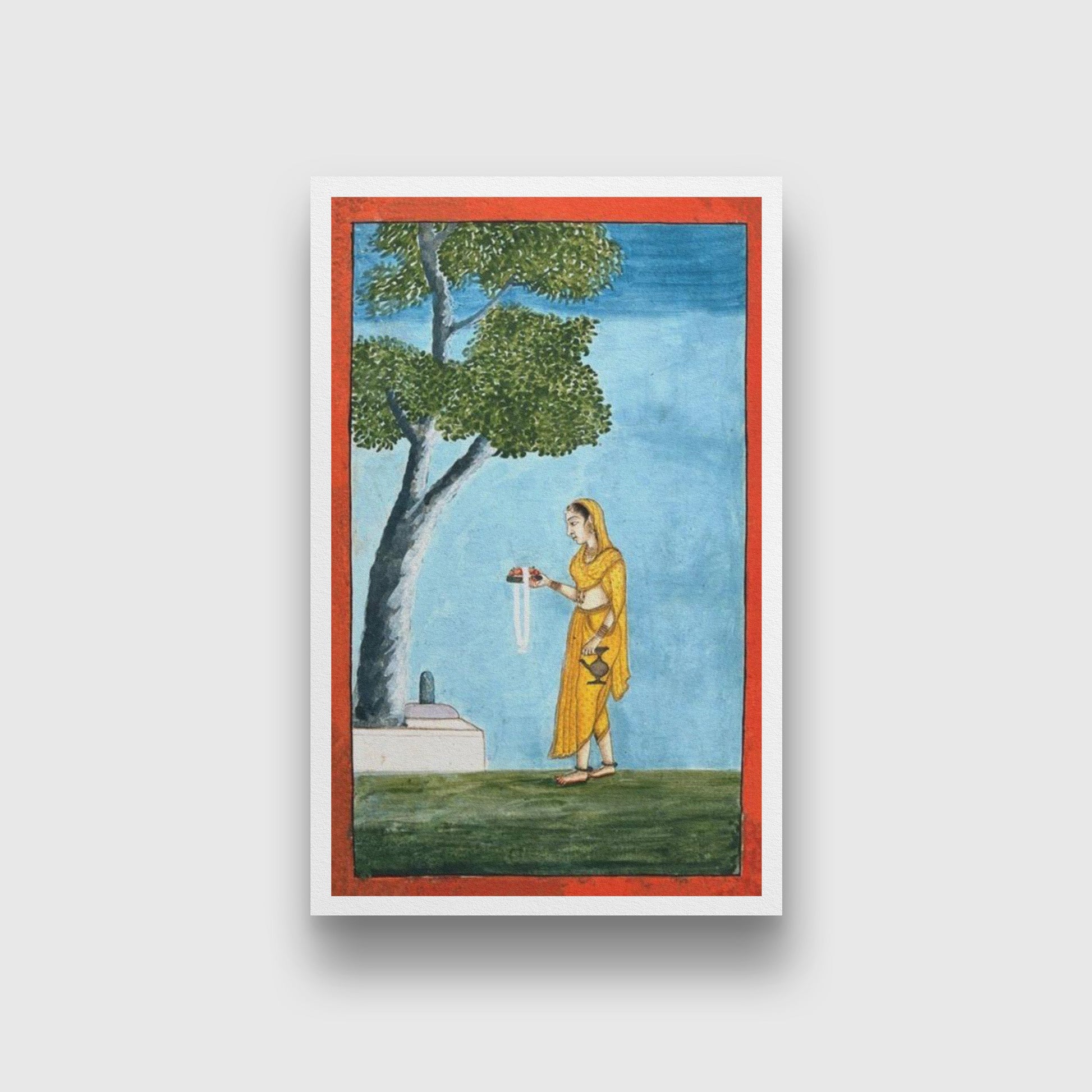 An-Indian-lady-going-to-pray-to-a-Shivling Painting-Meri Deewar 2 : 3 Vertical Premium Wall Art Canvas by MeriDeewar