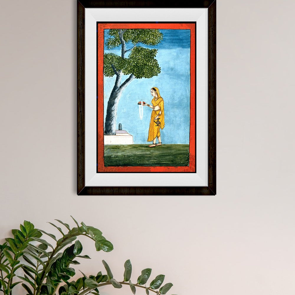 An-Indian-lady-going-to-pray-to-a-Shivling Painting-Meri Deewar 2 : 3 Vertical Premium Wall Art Canvas by MeriDeewar