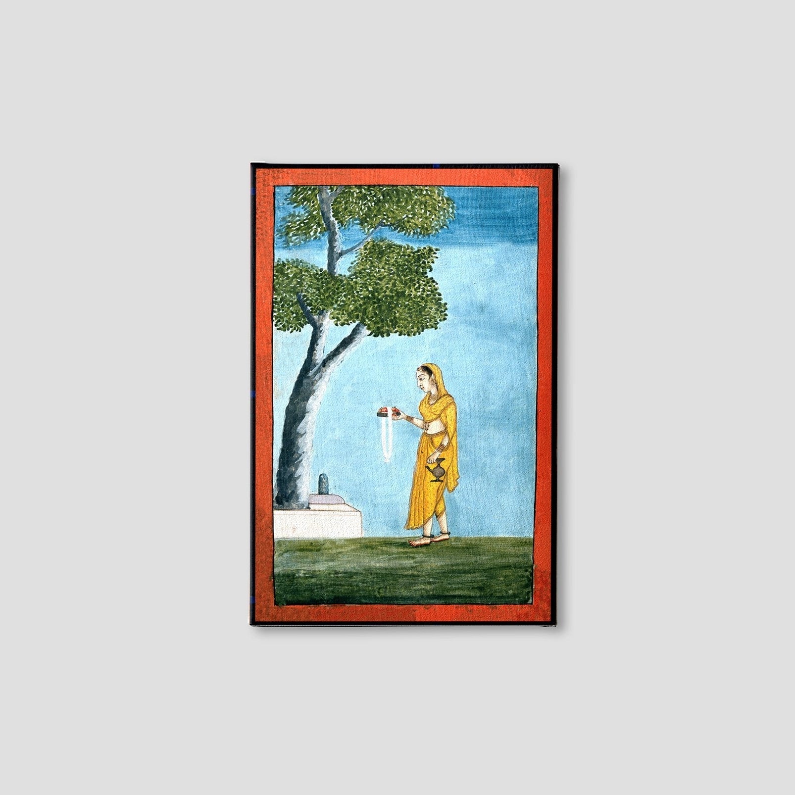 An-Indian-lady-going-to-pray-to-a-Shivling Painting-Meri Deewar 2 : 3 Vertical Premium Wall Art Canvas by MeriDeewar