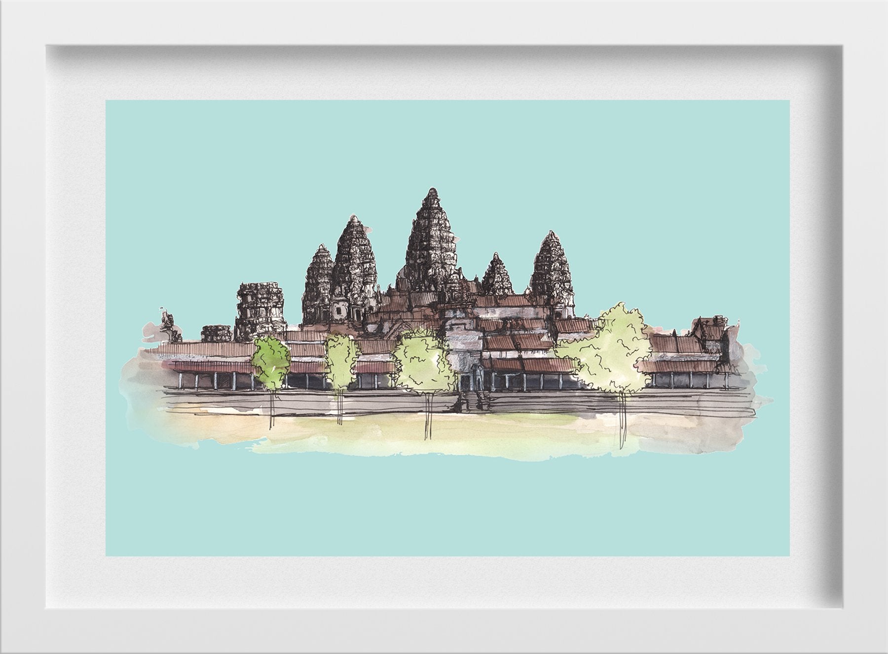 Angkor-Wat2 Illustration Painting-Meri Deewar 3 : 2 Horizontal Premium Wall Art Canvas by MeriDeewar