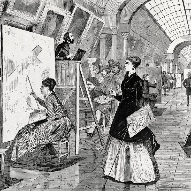 Art Students and Copyists in the Louvre Gallery Paris painting - Meri Deewar 3 : 2 Horizontal Premium Wall Art Canvas by MeriDeewar