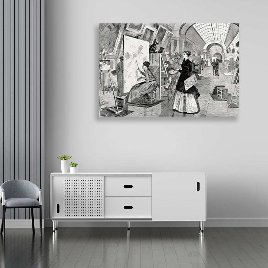 Art Students and Copyists in the Louvre Gallery Paris painting - Meri Deewar 3 : 2 Horizontal Premium Wall Art Canvas by MeriDeewar