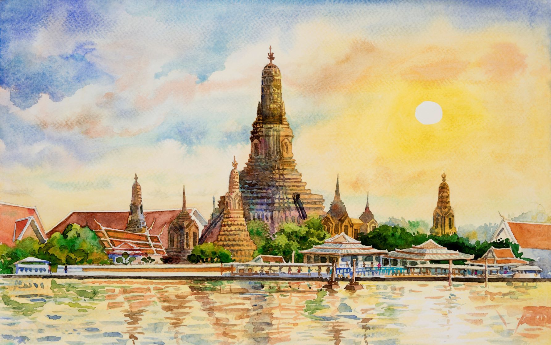 Arun Temple Thailand Painting-Meri Deewar 3 : 2 Horizontal Premium Wall Art Canvas by MeriDeewar