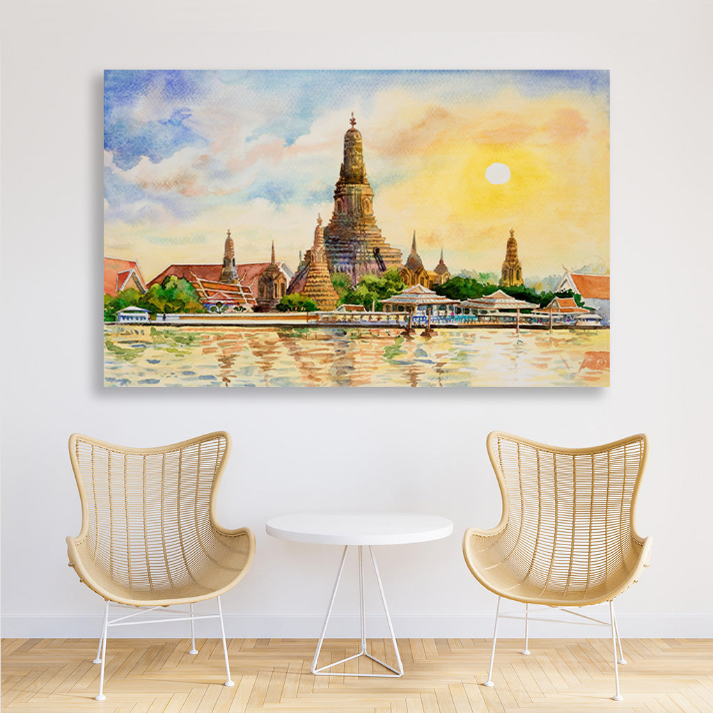 Arun Temple Thailand Painting-Meri Deewar 3 : 2 Horizontal Premium Wall Art Canvas by MeriDeewar