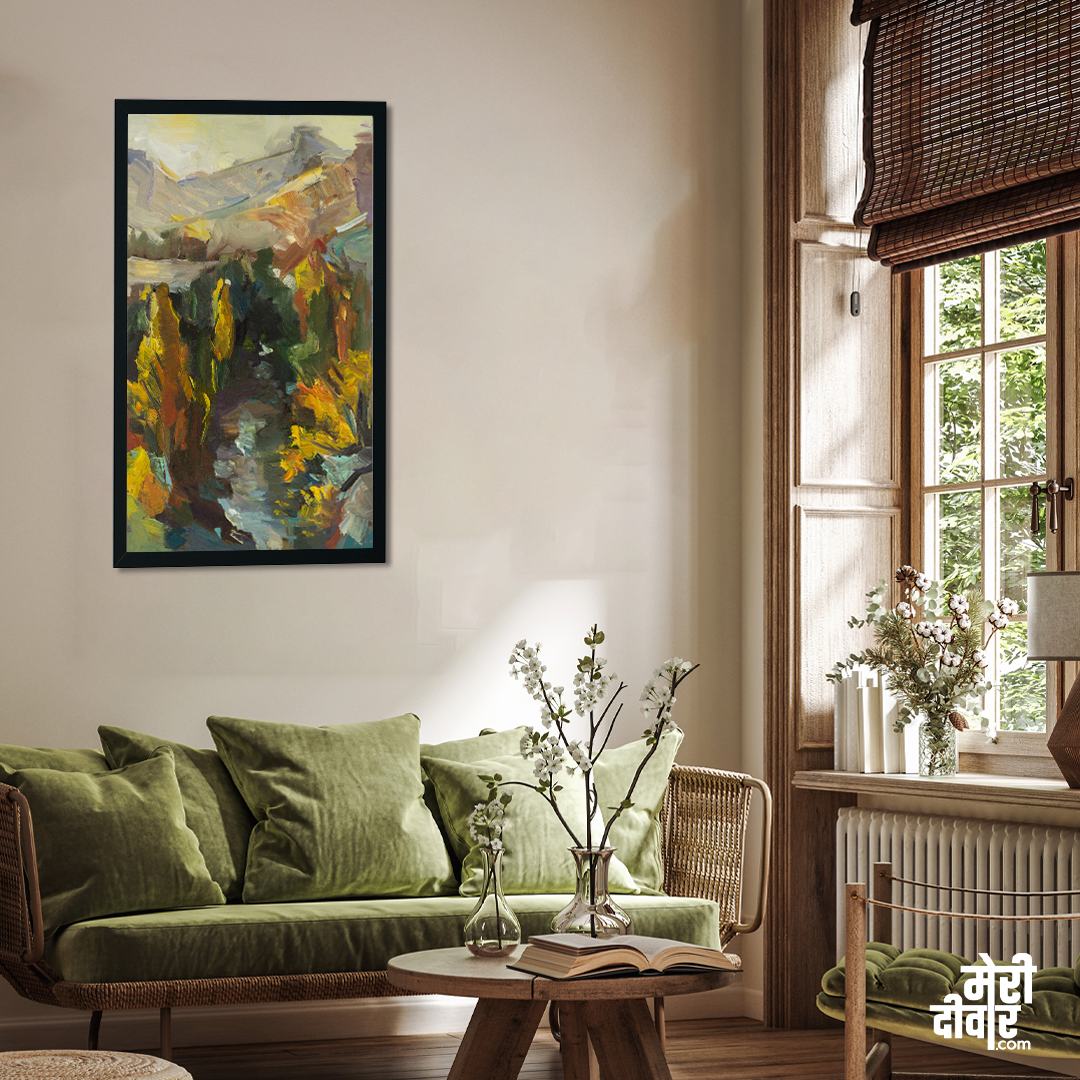 Autumn river mountains landscape dawn author s painting 2 : 3 Vertical Premium Wall Art Canvas by MeriDeewar