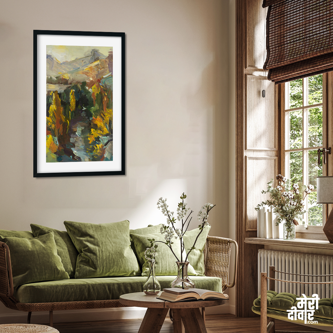 Autumn river mountains landscape dawn author s painting 2 : 3 Vertical Premium Wall Art Canvas by MeriDeewar