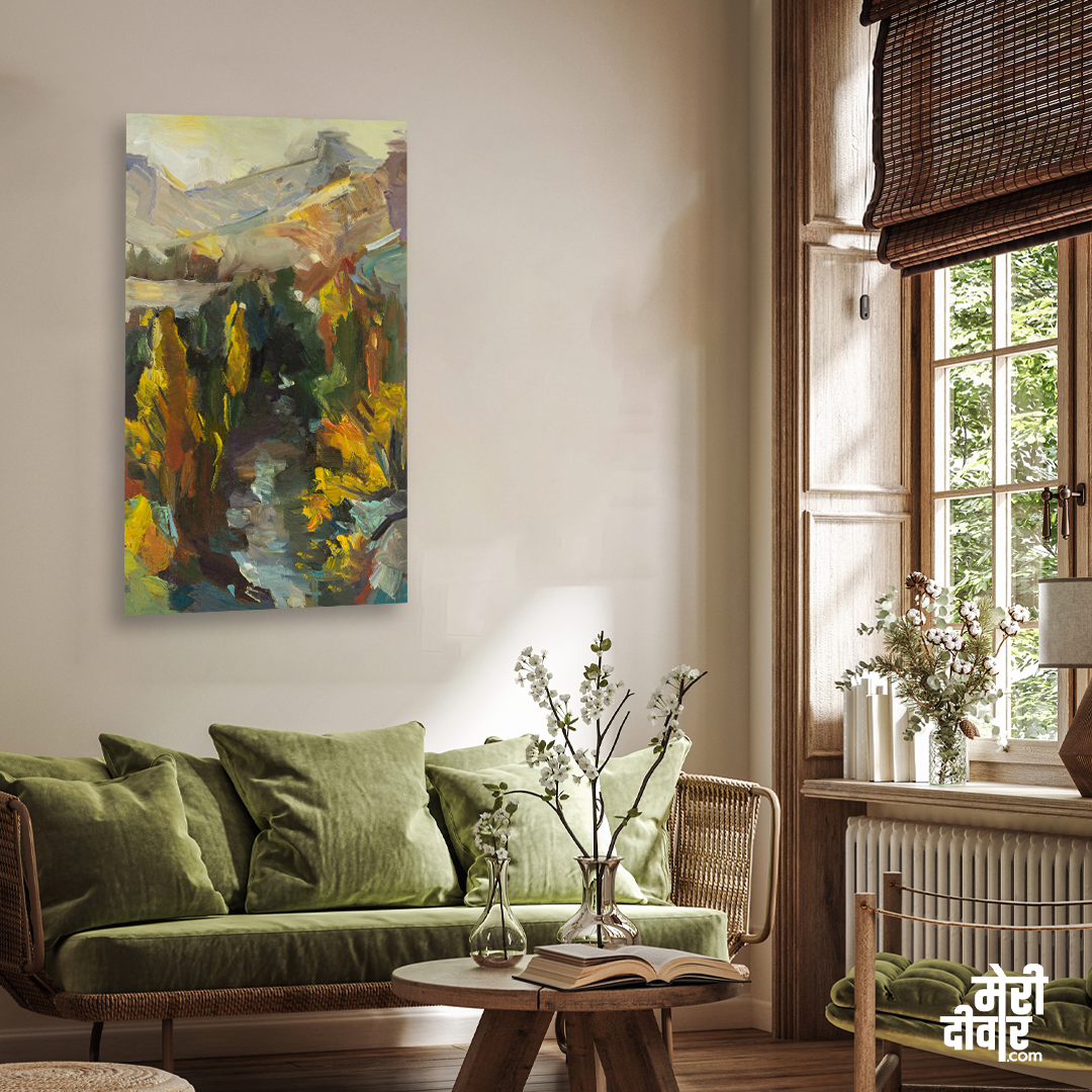 Autumn river mountains landscape dawn author s painting 2 : 3 Vertical Premium Wall Art Canvas by MeriDeewar