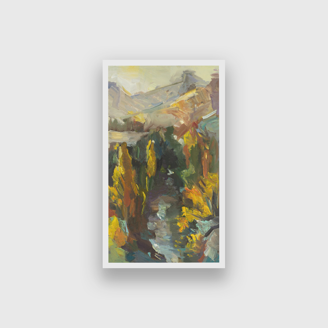 Autumn river mountains landscape dawn author s painting 2 : 3 Vertical Premium Wall Art Canvas by MeriDeewar
