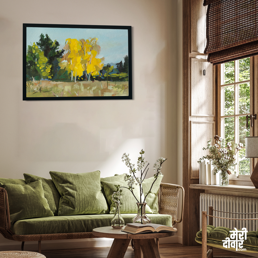 Autumn Yellow Trees Gouache Painting 3 : 2 Horizontal Premium Wall Art Canvas by MeriDeewar