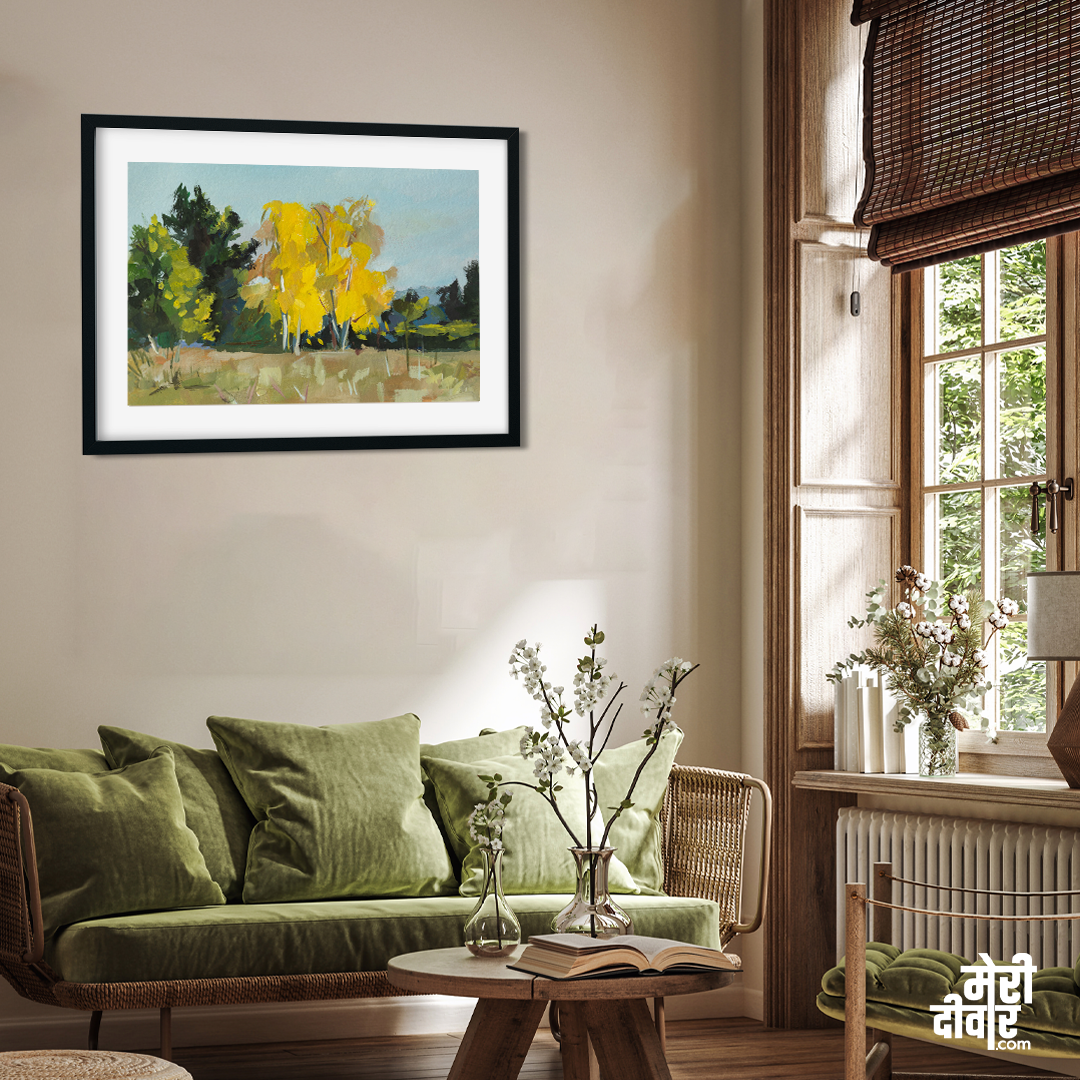 Autumn Yellow Trees Gouache Painting 3 : 2 Horizontal Premium Wall Art Canvas by MeriDeewar