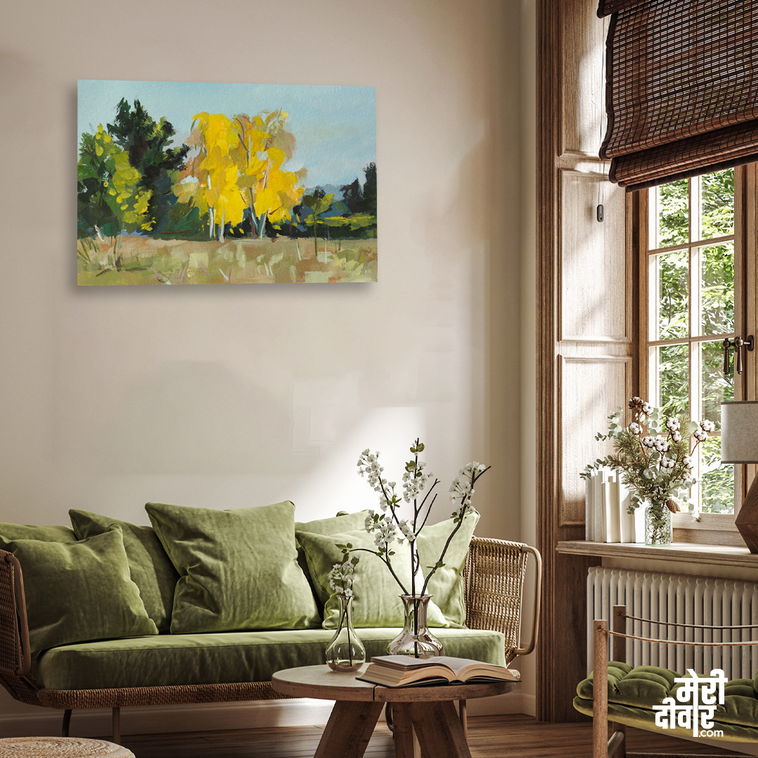 Autumn Yellow Trees Gouache Painting 3 : 2 Horizontal Premium Wall Art Canvas by MeriDeewar