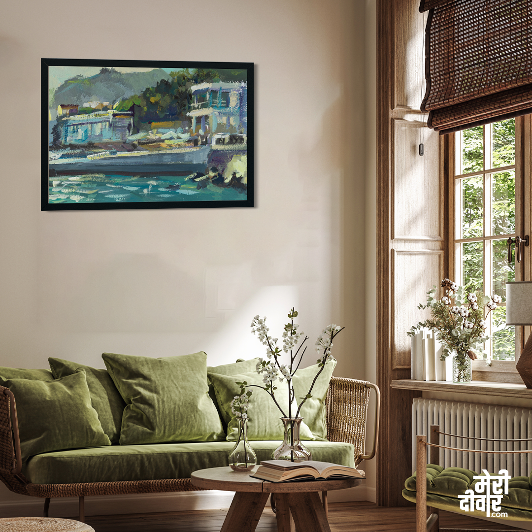 Beach Gouache Evening Seascape Buildings Mountains Light Painting 3 : 2 Horizontal Premium Wall Art Canvas by MeriDeewar