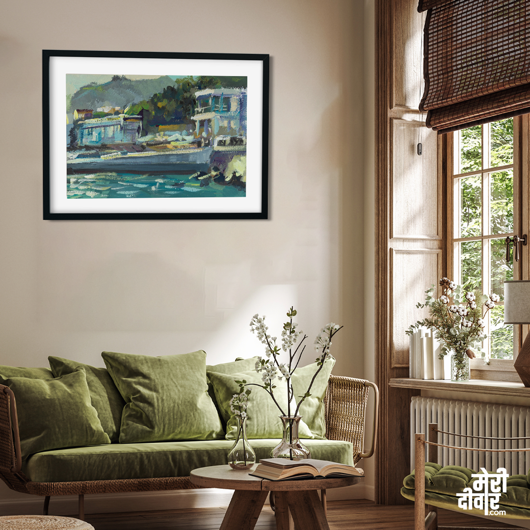 Beach Gouache Evening Seascape Buildings Mountains Light Painting 3 : 2 Horizontal Premium Wall Art Canvas by MeriDeewar