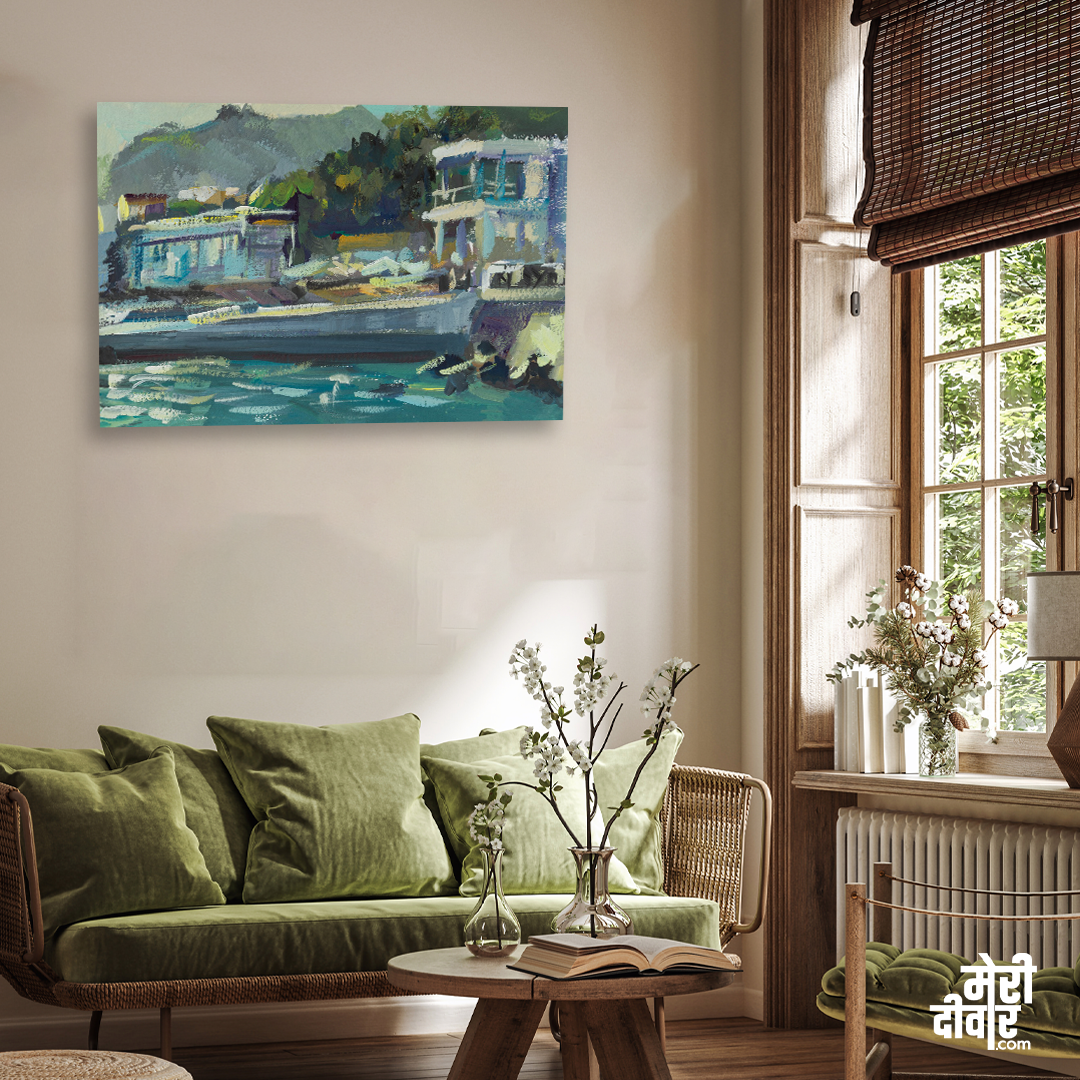 Beach Gouache Evening Seascape Buildings Mountains Light Painting 3 : 2 Horizontal Premium Wall Art Canvas by MeriDeewar