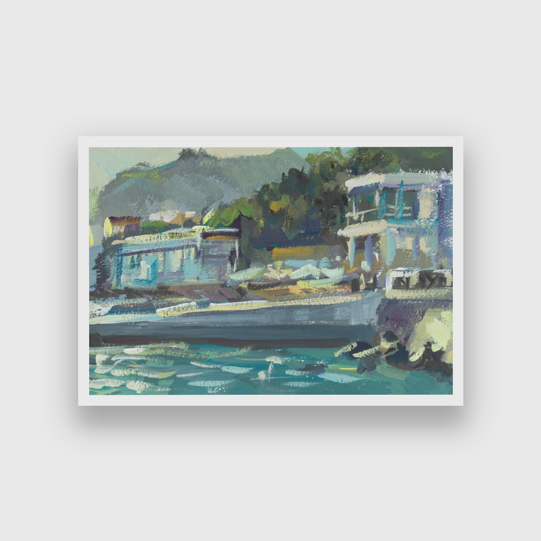 Beach Gouache Evening Seascape Buildings Mountains Light Painting 3 : 2 Horizontal Premium Wall Art Canvas by MeriDeewar