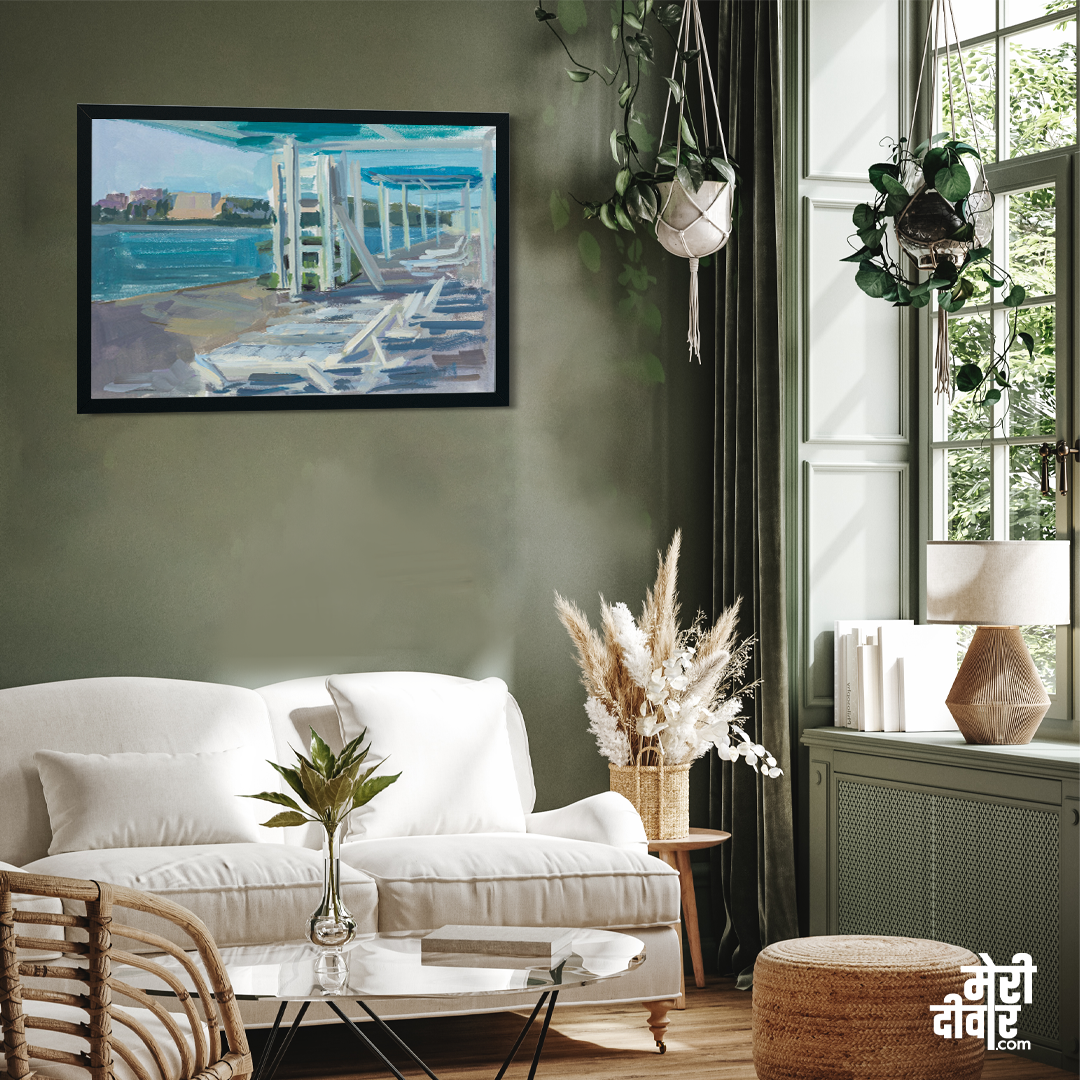 Beach Gouache Seascape Deck Chairs Painting 3 : 2 Horizontal Premium Wall Art Canvas by MeriDeewar