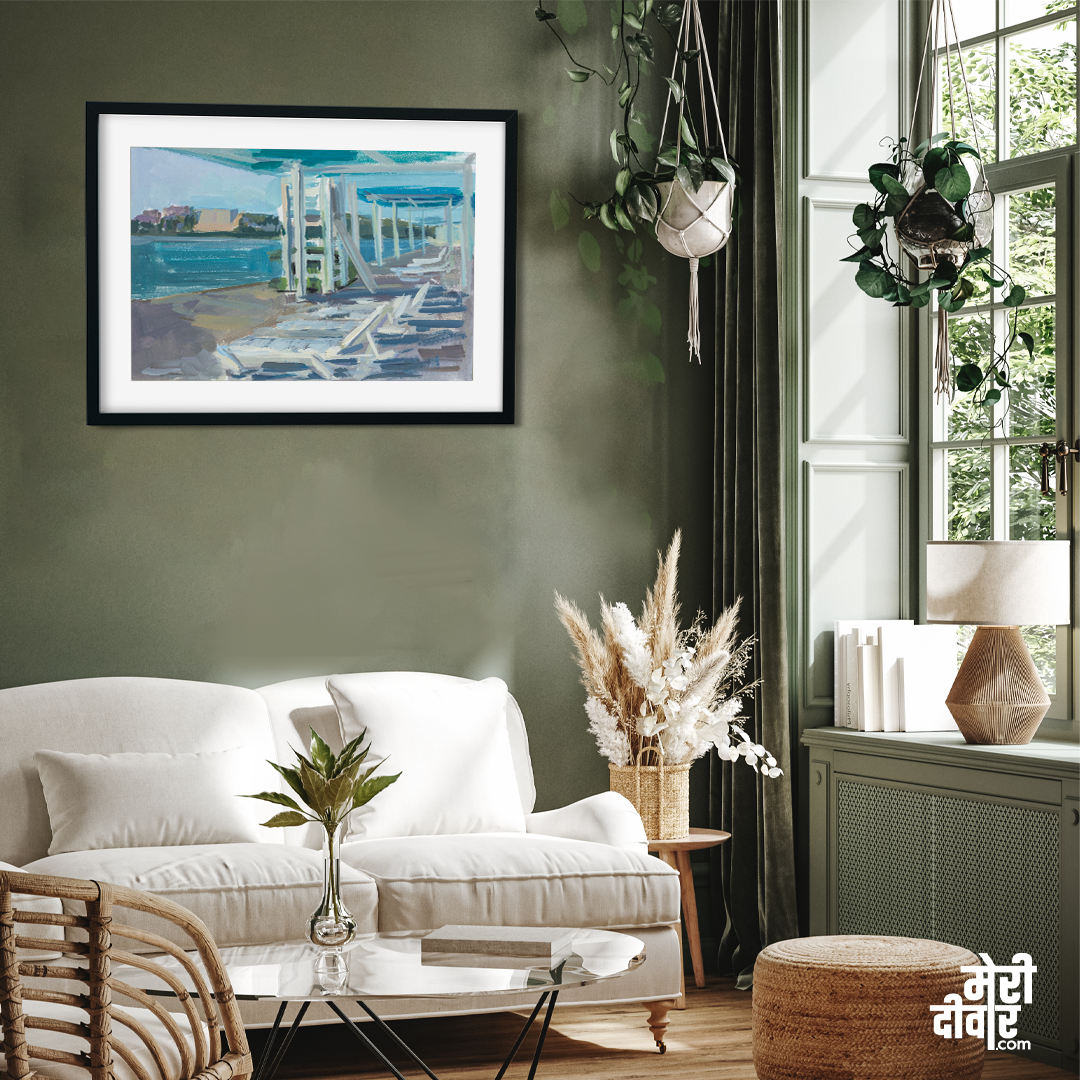 Beach Gouache Seascape Deck Chairs Painting 3 : 2 Horizontal Premium Wall Art Canvas by MeriDeewar